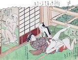 This shunga is no. 10 in Harunobu's series of 24 woodblock prints: 'Furyu enshoku Mane'emon' (風流艶色真似ゑもん  or 'Elegant Amorous Mane'emon'), Edo (Tokyo), 1770.<br/><br/>Harunobu's Mane'emon series illustrate the voyeuristic adventures of a man named Ukiyonosuke who wanted to learn the secrets of love making. To attain this end he drank a magic elixir and became very small, taking the pseudonym ' Mane'emon'.